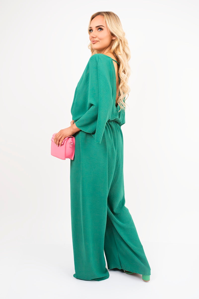 Wide Leg V Neck Jumpsuit with Back Tie Detail